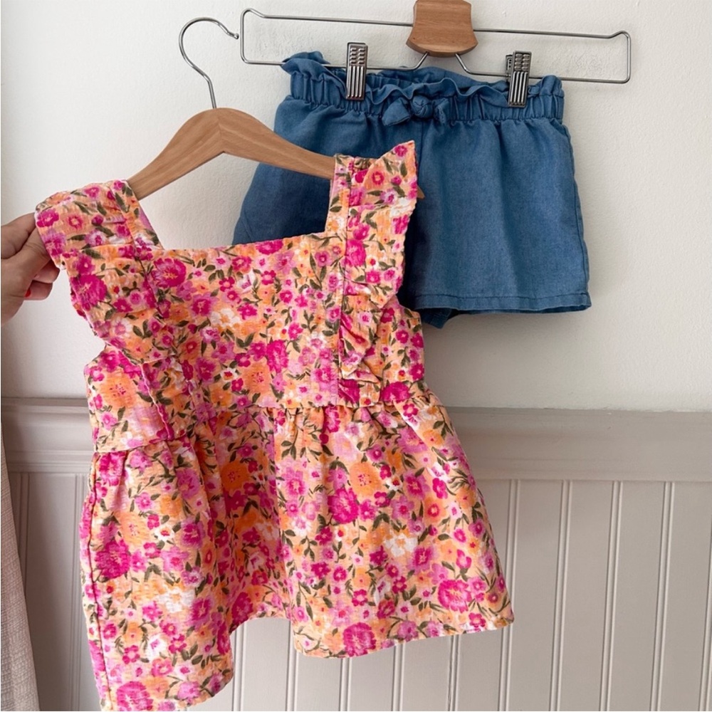 btween Pink Floral Top and Blue Shorts Outfit Set Girls Size 5